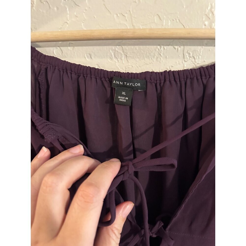 Y Ann Taylor XL Purple Chiffon Tiered Wide Arm Oversized Fairy Tie Blouse - Picture 7 of 10